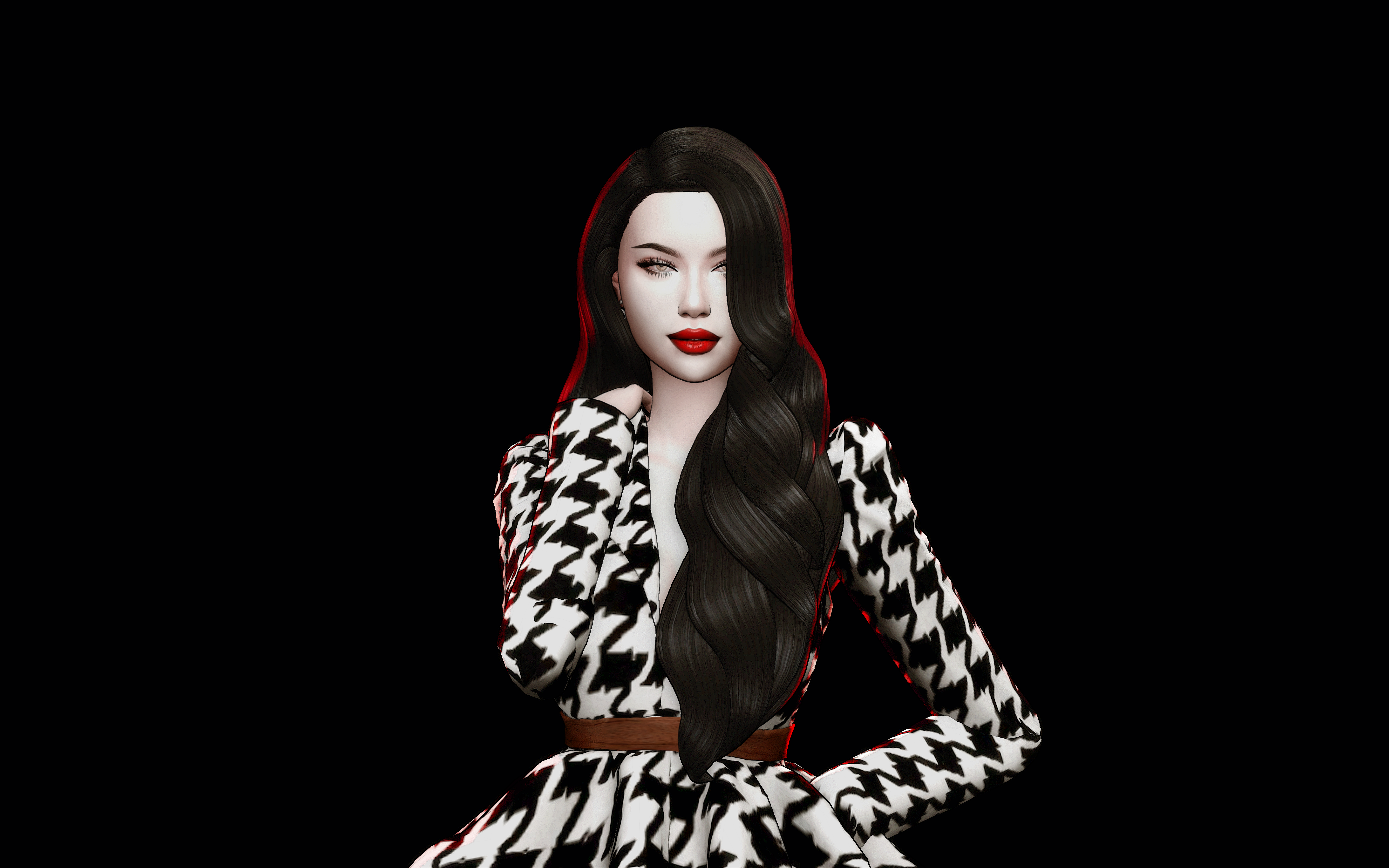 Kang Chan-Mi wearing a black and white checkered dress with long dark hair on a black background. 

Editorial Fashion Sims 4 shoot for Sims 4 Content owned by Kang Seoryun, created by Namiizme.