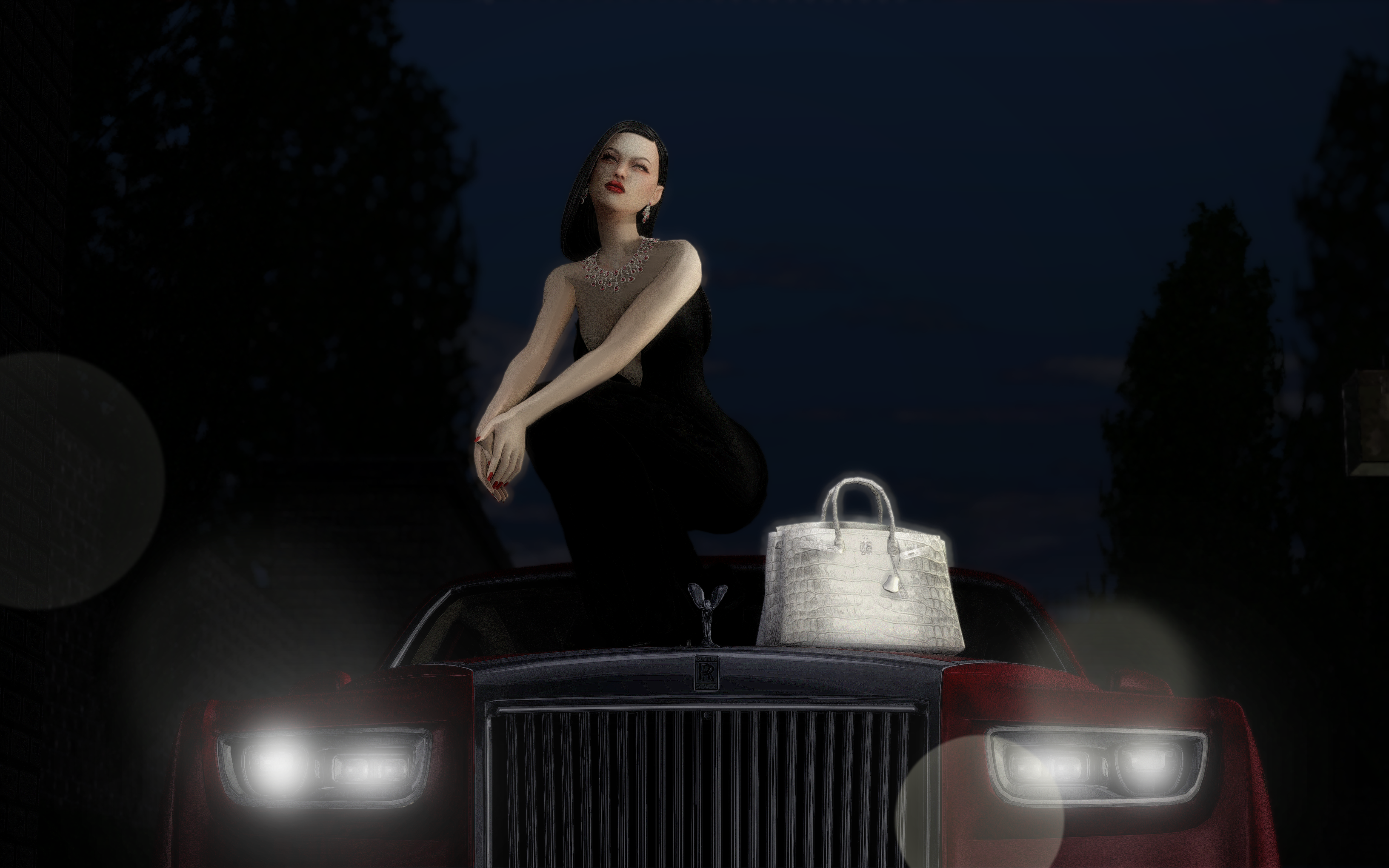 Kang Chan-mi sitting on a car with a birkin, illuminated by Rolls Royce Phantom headlights against a dark background, in her Kang Estate.

Editorial Fashion Sims 4 shoot for Sims 4 Content owned by Kang Seoryun, created by Namiizme.